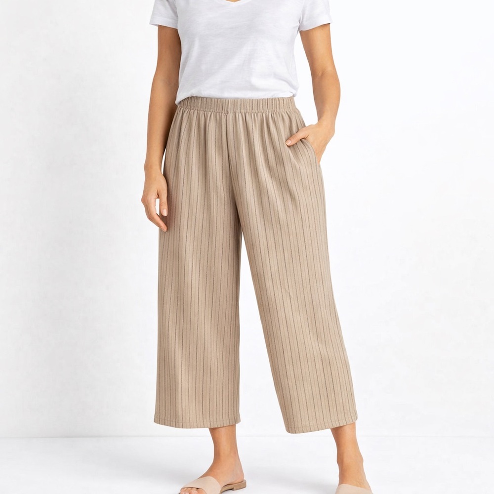 Allison Daley Petite 8P Tan Stripe Pull On Wide Leg Crop Pants